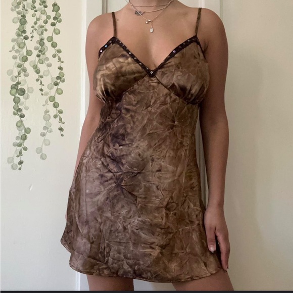 Y2K Xhilaration slip dress lace sequins beads embellished brown Adjustable XL - Picture 13 of 13